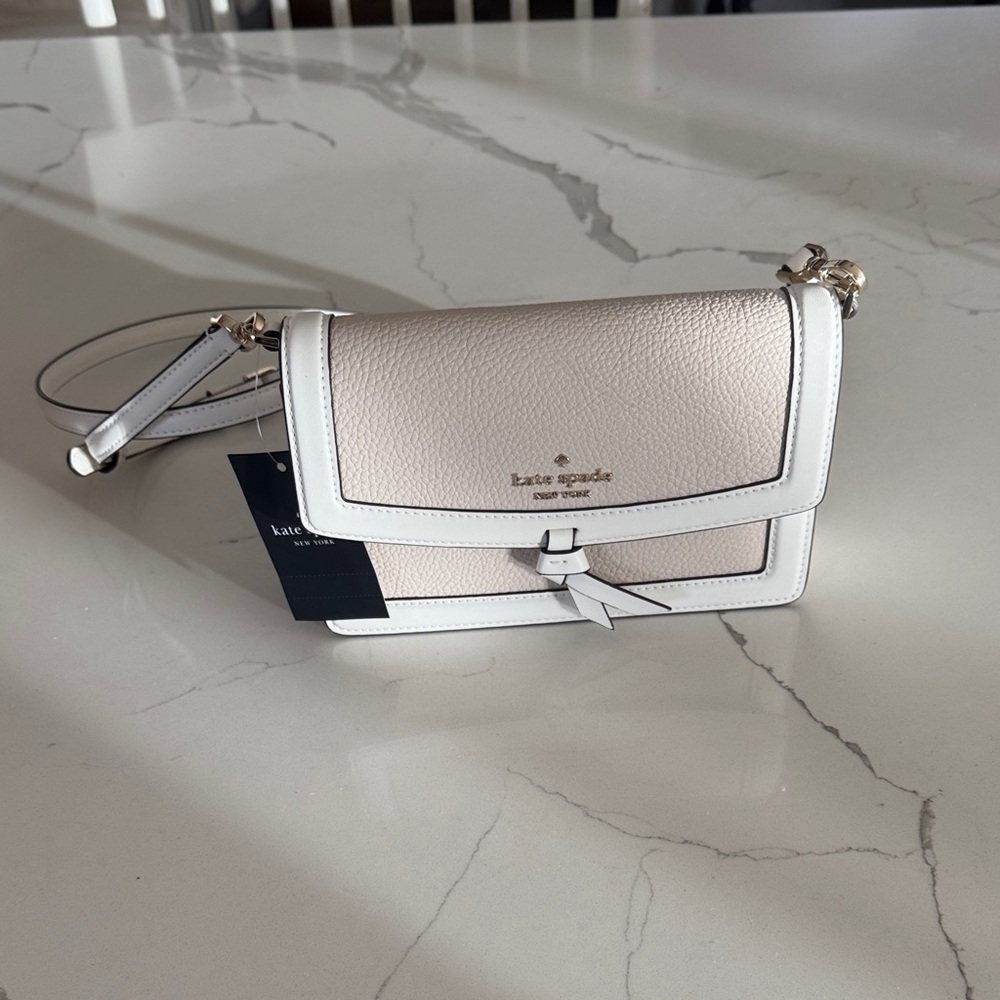 kate spade Cream and White Pebbled Leather Crossbody with Gold Hardware
